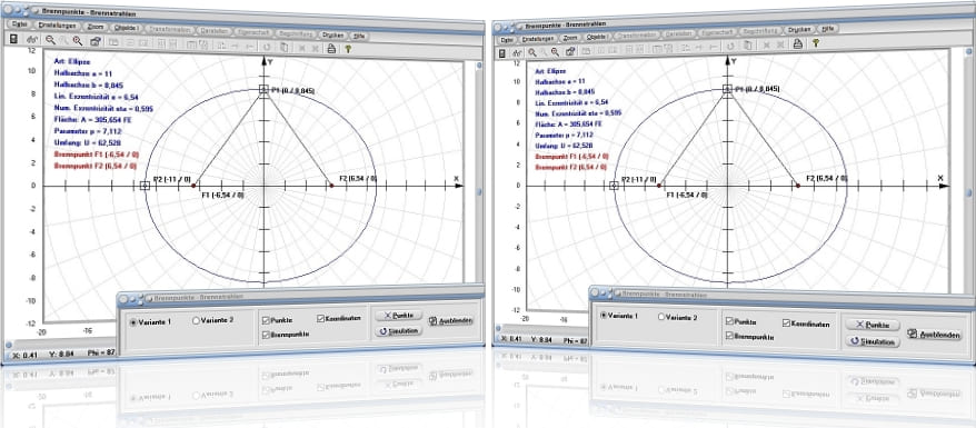 MathProf - Brennpunkte - Brennstrahlen - Leitlinie - Ellipse - Parabel - Hyperbel - Umfang - Parameter - Exzentrizität - Rechner - Berechnen - Grafisch - Darstellen - Zeichnen - Plotten