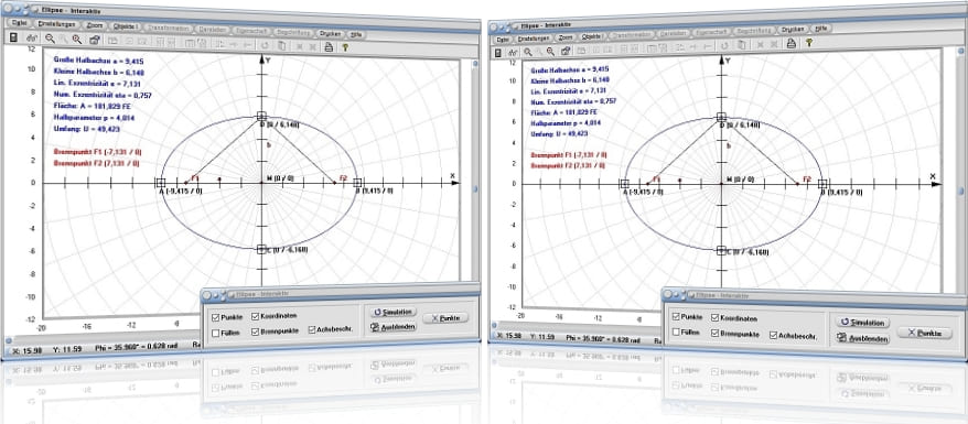 MathProf - Ellipse - Rechner - Flächen - Berechnung - Umfang - Fläche - Halbachsen - Brennpunkte - Exzentrizität - Hauptachse - Nebenachse - Berechnen