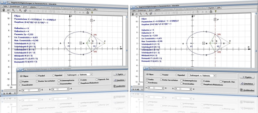 MathProf - Kegelschnitt - Kegelschnitte - Gleichung - Parameter - Parameterform - Ellipse - Parabel - Hyperbel - Hauptkreis - Asymptoten - Brennstrahlen - Evolute - Krümmungskreise - Rechner - Berechnen - Darstellen - Zeichnen - Plotten