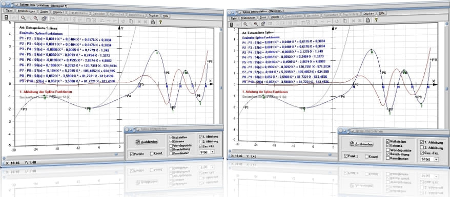 MathProf - Spline - Spline-Interpolation - Interpolation - Splines - Parabolisch - Extrapoliert - Extrapolation - Ableitung - 1. Ableitung - 2. Ableitung - Rechner - Berechnen - Darstellen - Zeichnen - Plotten