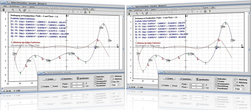 MathProf - Spline - Spline-Interpolation - Interpolation - Splines - Parabolisch - Extrapoliert - Extrapolation - Ableitung - 1. Ableitung - 2. Ableitung - Rechner - Berechnen - Darstellen - Zeichnen - Plotten