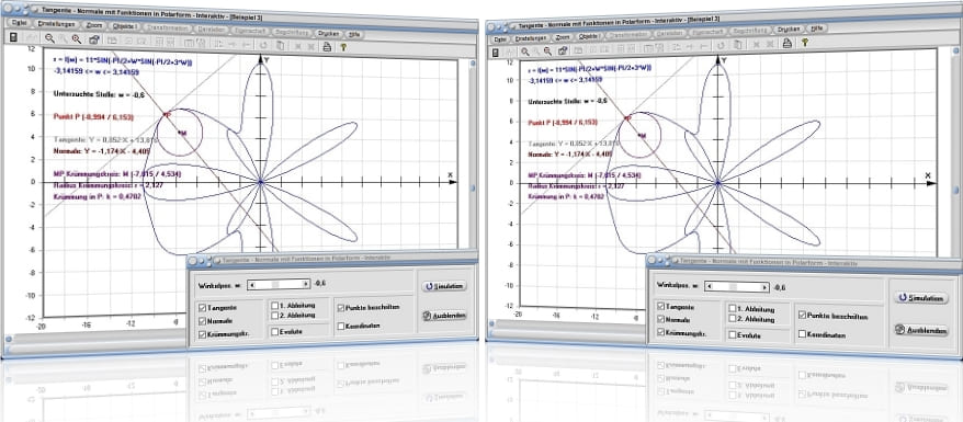 MathProf - Funktion - Polardarstellung - Polar - Polarform - Polarkoordinaten - Kurve - Graph - Darstellen - Zeichnen - Plotten - Tangente - Normale - Krümmung - Krümmungskreis - 1. Ableitung - 2. Ableitung - Rechner - Berechnen - Evolute 