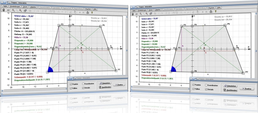 MathProf - Trapez - Trapeze - Umfang - Fläche - Diagonalen - Diagonalenlänge - Diagonalenschnittpunkt - Schwerpunkt - Flächenschwerpunkt - Rechner - Berechnen - Zeichnen