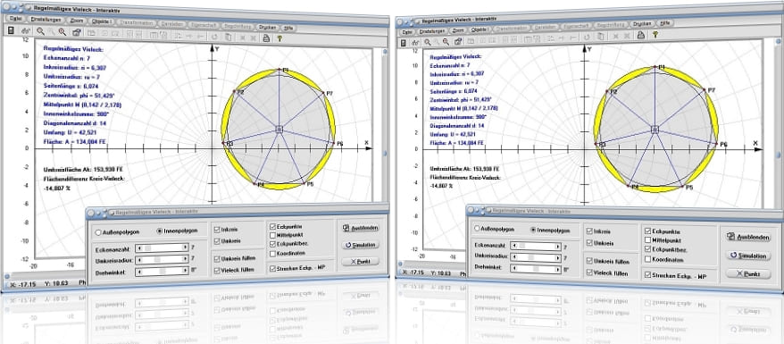 MathProf - Vieleck - Regelmäßiges N-Eck - Regelmäßiges Vieleck - Regelmäßige Vielecke - Radius - Umfang - Inkreis - Diagonalen - Fläche - Rechner - Berechnen - Zeichnen