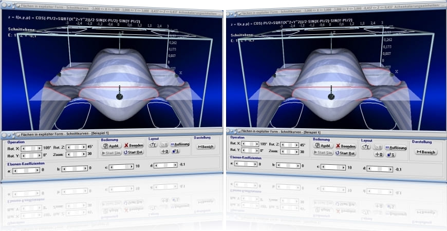MathProf - Schnittkurve - Schnittebene - Schnitt - Schneiden - Ebene - 3D - Flächen - Implizit - Dreidimensional - Darstellung - Parameter - Präsentation - Räumlich - Plotter - Eigenschaften - 3D-Fläche - Plotten