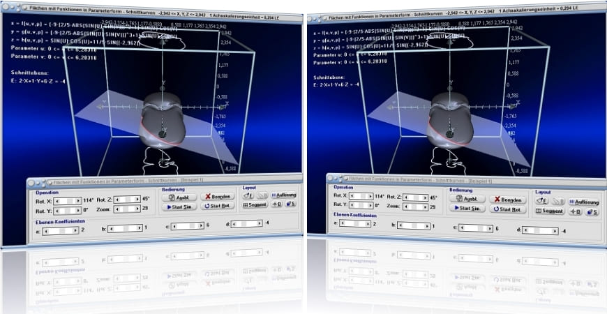 MathProf - Schnittkurve - Schnittebene - Schnitt - Schneiden - Ebene - Fläche - Funktion - Parameterdarstellung - Dreidimensional - 3D - Rechner - Berechnen - Plotten - Zeichnen