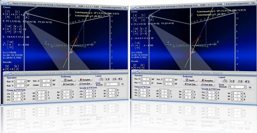 MathProf - Ebenen - 3D - Geraden - Vektorielle Darstellung von Ebenen - Analytische Geometrie - Ebenengleichungen - Punkt-Richtungs-Form - Rechner - Berechnen