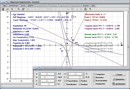 MathProf - Allgemeiner Kegelschnitt - Allgemeine Kegelschnitte - Lineare Exzentrizität - Numerische Exzentrizität - Kegelwinkel - Eigenschaften - Tangente - Normale - Rechner - Berechnen - Darstellen - Zeichnen - Plotten