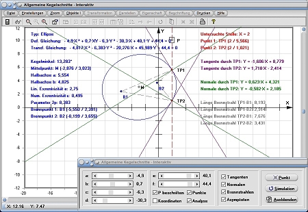 MathProf - Allgemeiner Kegelschnitt - Allgemeine Kegelschnitte - Ellipse - Parabel - Hyperbel - Gleichung - Gleichungen - Mittelpunkt - Halbachse - Parameter - 2p - Rechner - Berechnen - Zeichnen