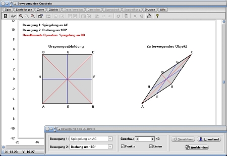 MathProf - Quadrat - Bewegung - Mittellinie - Spiegelung - Spiegelungen - Diagonale - Graph - Rechner - Berechnen - Darstellen - Zeichnen - Kommutativ