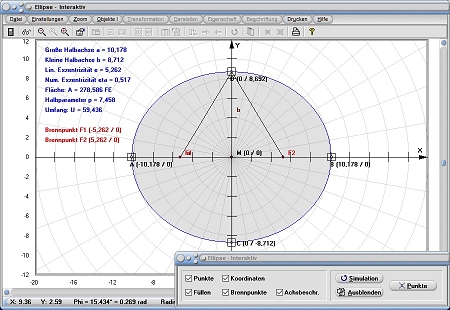 MathProf - Ellipse - Brennpunkte - Abstand - Achsen - Exzentrizität - Große Halbachse - Kleine Halbachse - Halbachse - Halbparameter - Berechnen - Rechner