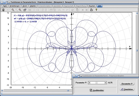 MathProf - Parameterfunktion - Parameter - Polar - Polarform - Polarkoordinaten  - Parametergleichung - Plotter - Parameterkurve - Parameterdarstellung - Parameterkurve plotten - Beispiel - Graphen - Graphen zeichnen - Graph darstellen - Ebene Kurven - Funktionsplotter - Funktionen - Parametrisierte Kurve - Funktionen zeichnen