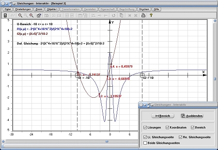 MathProf - Gleichungen - Funktionen gleichsetzen - Transzendente Gleichungen - Gleichungen mit Klammern - Homogene Gleichung - Inhomogene Gleichung - Lösen - Rechner