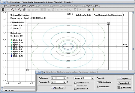 MathProf - Höhenlinien - Funktion - Flächenkontur - Höhenschichtlinie - Höhenlinie - Grafisch - Bild - Beispiele - Formel - Pivot - Komplexe Funktionen - Komplexe Funktion - Komplex - Berechnen - Rechner - Darstellen - Realteil - Imaginärteil - Betrag - Fläche