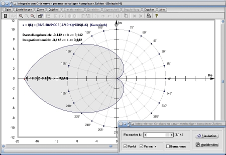 MathProf - Komplex - Ortskurven - Komplexe Funktion - Flächenschwerpunkt - Flächeninhaltsfunktion - Orientierter Flächeninhalt - Fläche - Flächenintegral - Schwerpunkt - Parameterdarstellung - Integrationsgrenzen - Integralwert - Rechner - Berechnen - Plotter - Darstellen