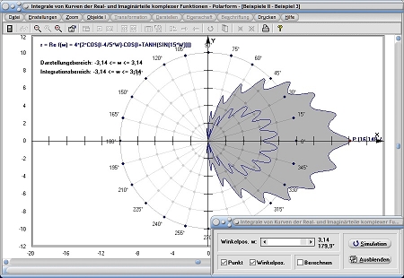 MathProf - Komplex - Realteil - Imaginärteil - Real - Imaginär - Flächenschwerpunkt - Flächeninhaltsfunktion - Orientierter Flächeninhalt - Fläche - Flächenintegral - Schwerpunkt - Parameterdarstellung - Integrationsgrenzen - Integralwert - Rechner - Berechnen - Plotter - Darstellen
