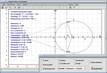MathProf - Kegelschnitt - Ellipse - Hauptkreis - Asymptoten - Brennstrahlen - Evolute - Krümmungskreise - Scheitellage - Rechner - Berechnen - Darstellen - Zeichnen