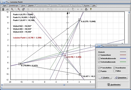 MathProf - Lemoine Punkt - Dreieck - Symmediane - Seitenhalbierende - Winkelhalbierende - Rechner - Berechnen - Darstellen - Zeichnen - Grafisch