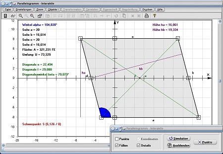MathProf - Parallelogramm - Parallelogramme - Geometrische Eigenschaften - Mittellinie - Winkelsymmetrale - Mittelparallele - Länge - Breite - Höhe - Seite - Ebene Figuren - Rechner - Berechnen - Zeichnen