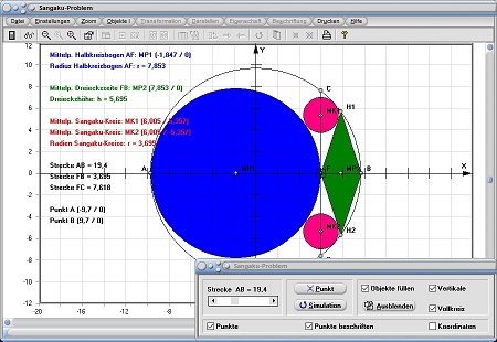 MathProf - Sangaku - Problem - Dreieck - Kreis - Lösen - Lösung - Halbkreis - Graph - Rechner - Berechnen - Darstellen - Zeichnen