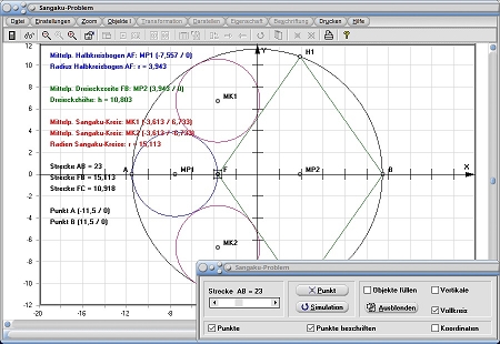 MathProf - Sangaku - Problem - Dreieck - Kreis - Lösen - Lösung - Halbkreis - Graph - Rechner - Berechnen - Darstellen - Zeichnen