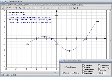 MathProf - Spline - Spline-Interpolation - Interpolation - Splines - Parabolisch - Extrapoliert - Extrapolation - Ableitung - 1. Ableitung - 2. Ableitung - Rechner - Berechnen - Darstellen - Zeichnen - Plotten