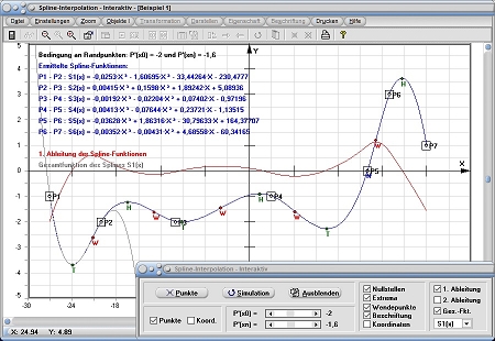 MathProf - Spline - Spline-Interpolation - Interpolation - Splines - Parabolisch - Extrapoliert - Extrapolation - Ableitung - 1. Ableitung - 2. Ableitung - Rechner - Berechnen - Darstellen - Zeichnen - Plotten