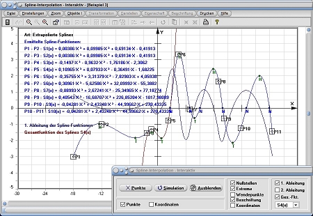 MathProf - Spline - Spline-Interpolation - Interpolation - Splines - Parabolisch - Extrapoliert - Extrapolation - Ableitung - 1. Ableitung - 2. Ableitung - Rechner - Berechnen - Darstellen - Zeichnen - Plotten