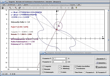  MathProf - Parameterkurven - Lot zur Tangente - Orthogonale - Steigung einer Tangente - Anstieg der Tangente - Tangente - Normale - Krümmung - Rechner - Berechnen