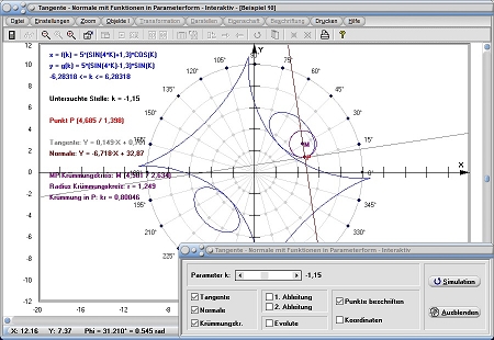 MathProf - Parameterkurven - Lot zur Tangente - Orthogonale - Steigung einer Tangente - Anstieg der Tangente - Tangente - Normale - Krümmung - Rechner - Berechnen