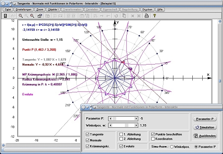 MathProf - Funktion - Polardarstellung - Polar - Polarform - Polarkoordinaten - Lot zur Tangente - Orthogonale - Steigung einer Tangente - Anstieg der Tangente - Tangente - Normale - Krümmung - Rechner - Berechnen