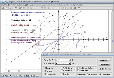 MathProf - Funktion - Polardarstellung - Polar - Polarform - Polarkoordinaten - Lot zur Tangente - Orthogonale - Steigung einer Tangente - Anstieg der Tangente - Tangente - Normale - Krümmung - Rechner - Berechnen
