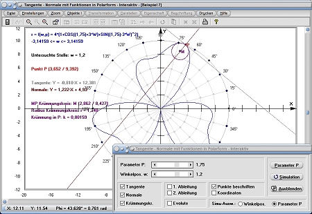 MathProf - Funktion - Polardarstellung - Polar - Polarform - Polarkoordinaten - Darstellen - Zeichnen - Plotten - Tangente - Normale - Krümmung - Krümmungskreis - 1. Ableitung - 2. Ableitung - Rechner - Berechnen - Evolute 