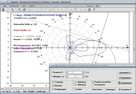 MathProf - Funktion - Polardarstellung - Polar - Polarform - Polarkoordinaten - Tangente - Normale - Krümmung - Krümmungskreis - 1. Ableitung - 2. Ableitung - Rechner - Berechnen - Evolute 