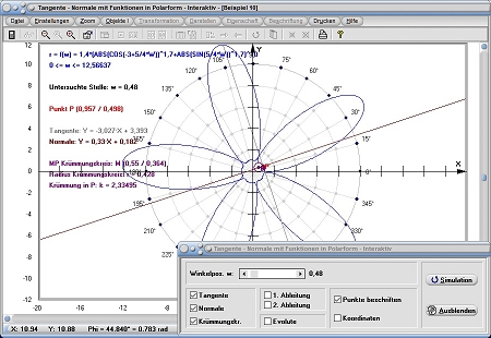 MathProf - Funktion - Polardarstellung - Polar - Polarform - Polarkoordinaten - Lot zur Tangente - Orthogonale - Steigung einer Tangente - Anstieg der Tangente - Tangente - Normale - Krümmung - Rechner - Berechnen