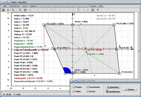 MathProf - Trapez - Trapeze - Mittellinie - Winkelsymmetrale - Mittelparallele - Länge - Breite - Höhe - Seite - Ebene Figuren - Rechner - Berechnen - Zeichnen