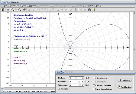 MathProf - Trisektrix - Formel - Funktion - Gleichung - Fläche - Flächeninhalt - Kreis - Asymptote - Definition - Graph - Rechner - Berechnen - Darstellen - Zeichnen - Plotten