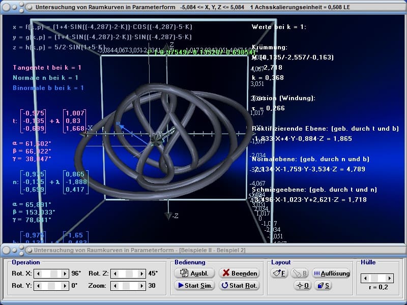 MathProf - Raumkurven - Krümmungskreis - Windung - Torsion - Normalebene - Schmiegeebene - Rektifizierende Ebene - Gleichung - Richtungswinkel - Winkel - Rechner - Berechnen - Parameterdarstellung - Parameterkurven - Parametrisierte Kurven - Parameter - Simulation - Simulieren - Funktionen