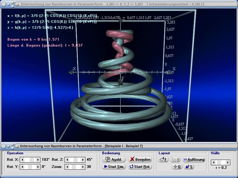 MathProf - Bogenelement - Bogen - Parameter - 3D - Kurven - R3 - Ableitung - 1. Ableitung - 2. Ableitung - Raumkurven - x =f(t), y = g(t), z = h(t) - Rechner - Berechnen