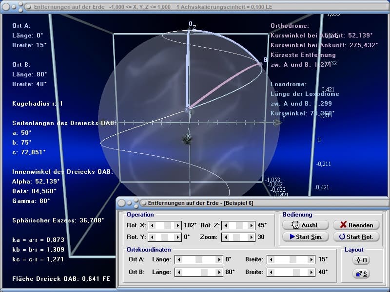 MathProf - Orthodrome - Loxodrome - Form - Formel - Anfahrtswinkel - Abfahrtswinkel - Kurswinkel - Richtungswinkel - Spärischer Exzess - Seitenlänge - Berechnen - Rechner - Radius - Kugel