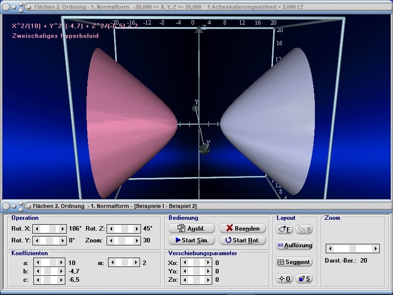 MathProf - Kegelschnitte - Flächen 2. Ordnung - Hyperbolid - Zweischaliges Hyperbolid - 3D-Plot - Quadriken - Hyperboloid - Kegelschnitt - Rotationshyperboloid - Quadrik - 3D-Plotter - 3D-Grafik - Darstellen - Plotten - Graph - Grafik - Zeichnen - Plotter - Rechner - Berechnen - Schaubild