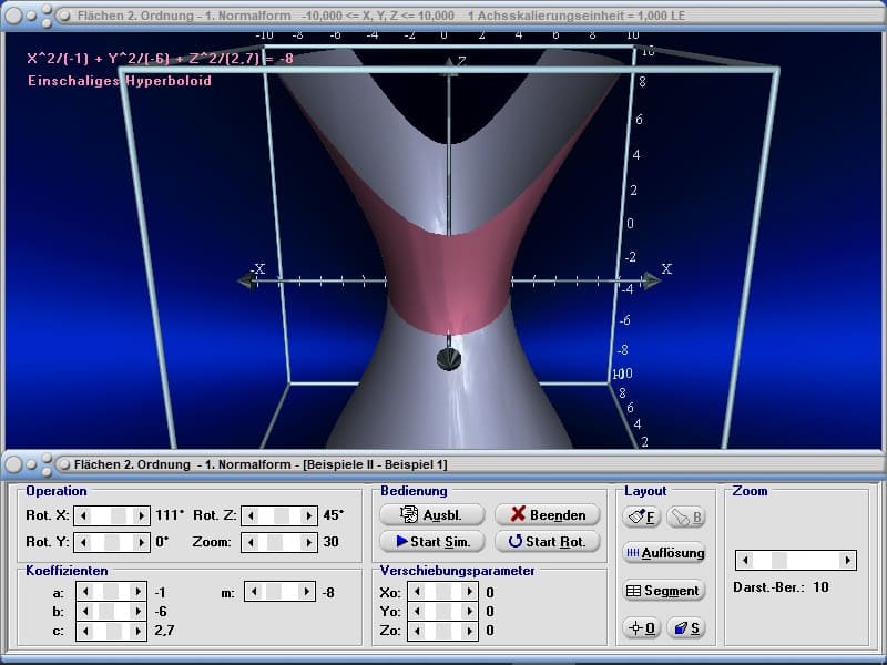 MathProf - Reelles Ellipsoid - Einschaliges Hyperboloid - Zweischaliges Hyperboloid - Elliptischer Doppelkegel - Elliptischer Zylinder - Hyperbolischer Zylinder - Elliptisches Paraboloid - Hyperbolisches Paraboloid - Parabolischer Zylinder - Berechnen - Zeichnen