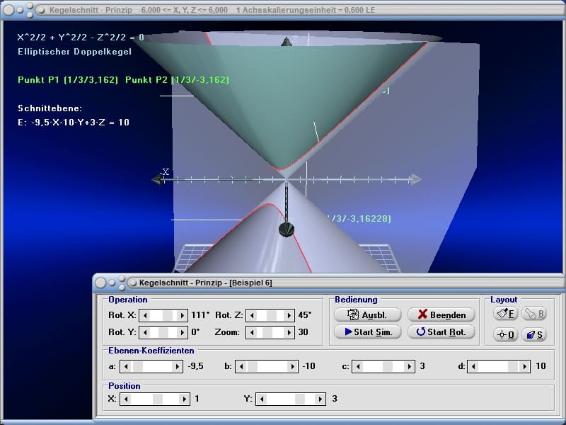 MathProf - Kegel - Schneiden - Doppelkegel - Schnitt - Kegelschnitt - 3D - Ellipse - Ellipsenabschnitt - Hyperbel - Parabel - Darstellen - Zeichnen - Plotten