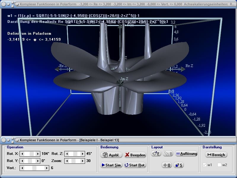 MathProf - Flächen im Raum - Flächenfunktion - Komplex - Funktionen - Komplexe Funktion - Polar - Polarkoordinaten - Koordinaten - Werte - Tabelle - Grafik - Rechner - Berechnen - Beispiel