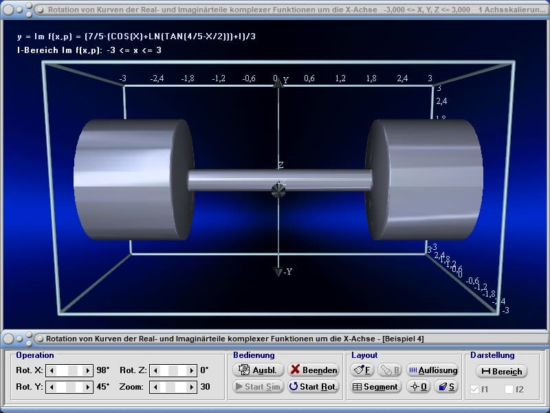 MathProf - Komplex - Realteil - Imaginärteil - Rotationsvolumen - Rotation um x-Achse - 3D-Grafik - 3D-Plotter - 3D-Plot - Grafisch - Grafik - Zeichnen - Plotter - Rechner - Berechnen - Schaubild