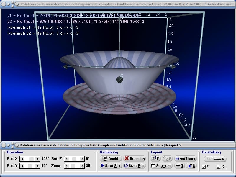 MathProf - Komplex - Realteil - Imaginärteil - Real - Imaginär - Y-Achse - Rotation - Rotationskörper - R3 - 3D - Simulation - Animation - Rechner - Parameter - Schwerpunkt - Körper - Oberfläche - Berechnen - Plotter - Darstellen