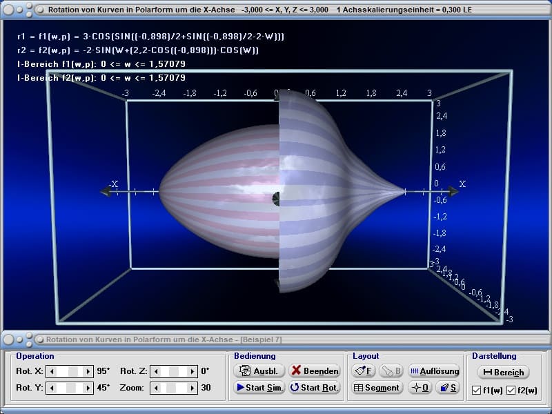 MathProf - Polarform - Polarkoordinaten - Rotationskörper - Rotationsvolumen - Drehkörper - Mantelfläche - Oberfläche - Rauminhalt - Drehung um x-Achse - Volumenintegral - Volumen - Integral - Rotation um x-Achse - Bogenlänge - 3D-Grafik - 3D-Plotter - 3D-Plot - Integralrechnung - Zeichnen - Plotter - Rechner - Berechnen - Schaubild - 2