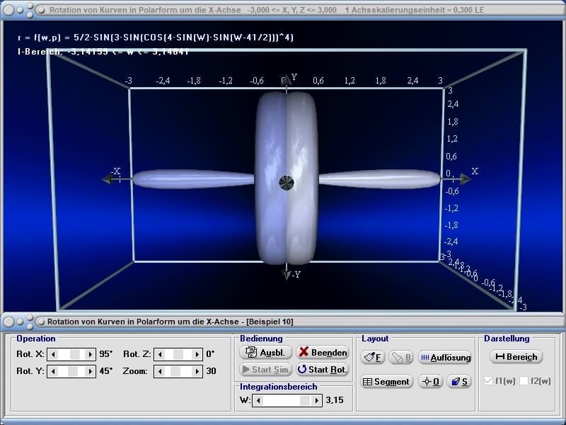 MathProf - Polarform - Polarkoordinaten - Rotationskörper - Rotationsvolumen - Drehkörper - Mantelfläche - Oberfläche - Rauminhalt - Drehung um x-Achse - Volumenintegral - Volumen - Integral - Rotation um x-Achse - Bogenlänge - 3D-Grafik - 3D-Plotter - 3D-Plot - Integralrechnung - Zeichnen - Plotter - Rechner - Berechnen - Schaubild - 1
