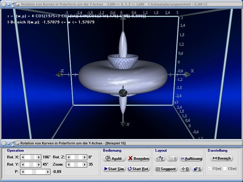 MathProf - Rotationskörper - Polar - Polarform - Polarkoordinaten - Kurven - Volumen - Körper - Animation - Fläche - Mantelfläche - Rotationsvolumen - Oberfläche - Schwerpunkt - Rauminhalt - Drehung um y-Achse - Integralrechnung - Integral - Volumen - Rotation um y-Achse - Bogenlänge - Grafisch - Darstellen - Plotten - Grafisch - Grafik - Zeichnen - Plotter - Rechner - Berechnen - Schaubild - 6