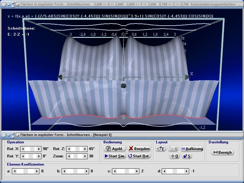MathProf - Schnittkurve - Schnittebene - Schnitt - Schneiden - Ebene - Funktionen mehrerer Veränderlicher - 3D-Fläche - Flächenfunktionen - Rechner - Berechnen - Plotten - Zeichnen